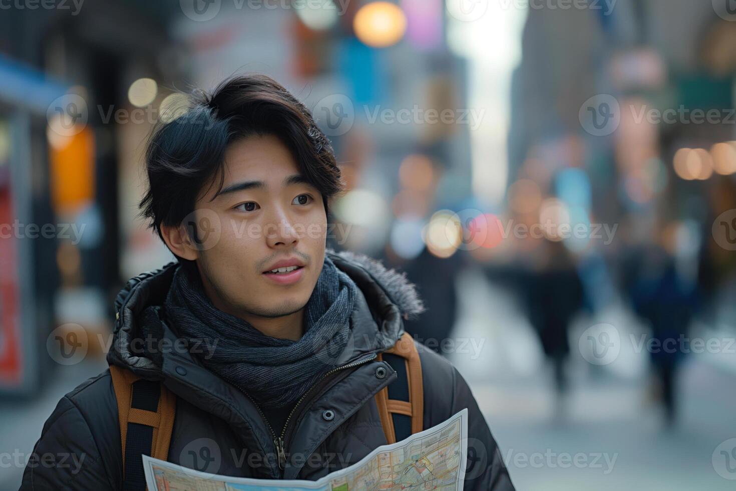 A young Asian man exploring the city, holding a map and looking intrigued amidst a blurred urban backdrop. photo