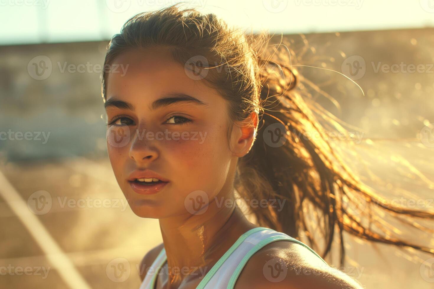 A young woman with long brown hair runs on a tennis court, illuminated by warm sunlight, capturing the determination in her expression. photo