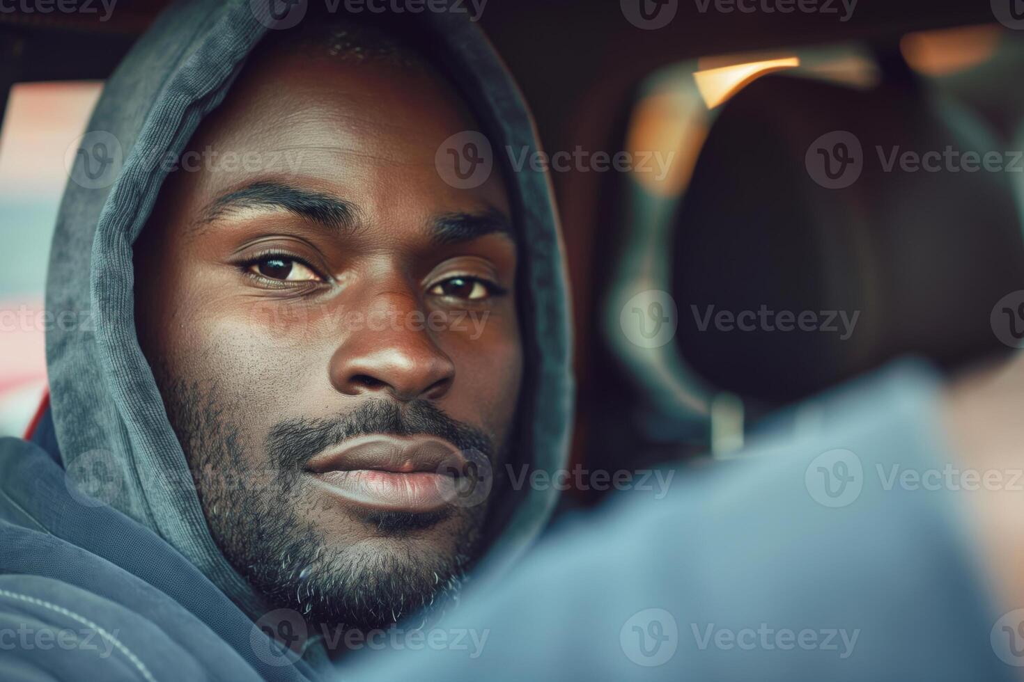 Close-up of a young Black man with a beard, wearing a hoodie, gazing thoughtfully from inside a car. photo