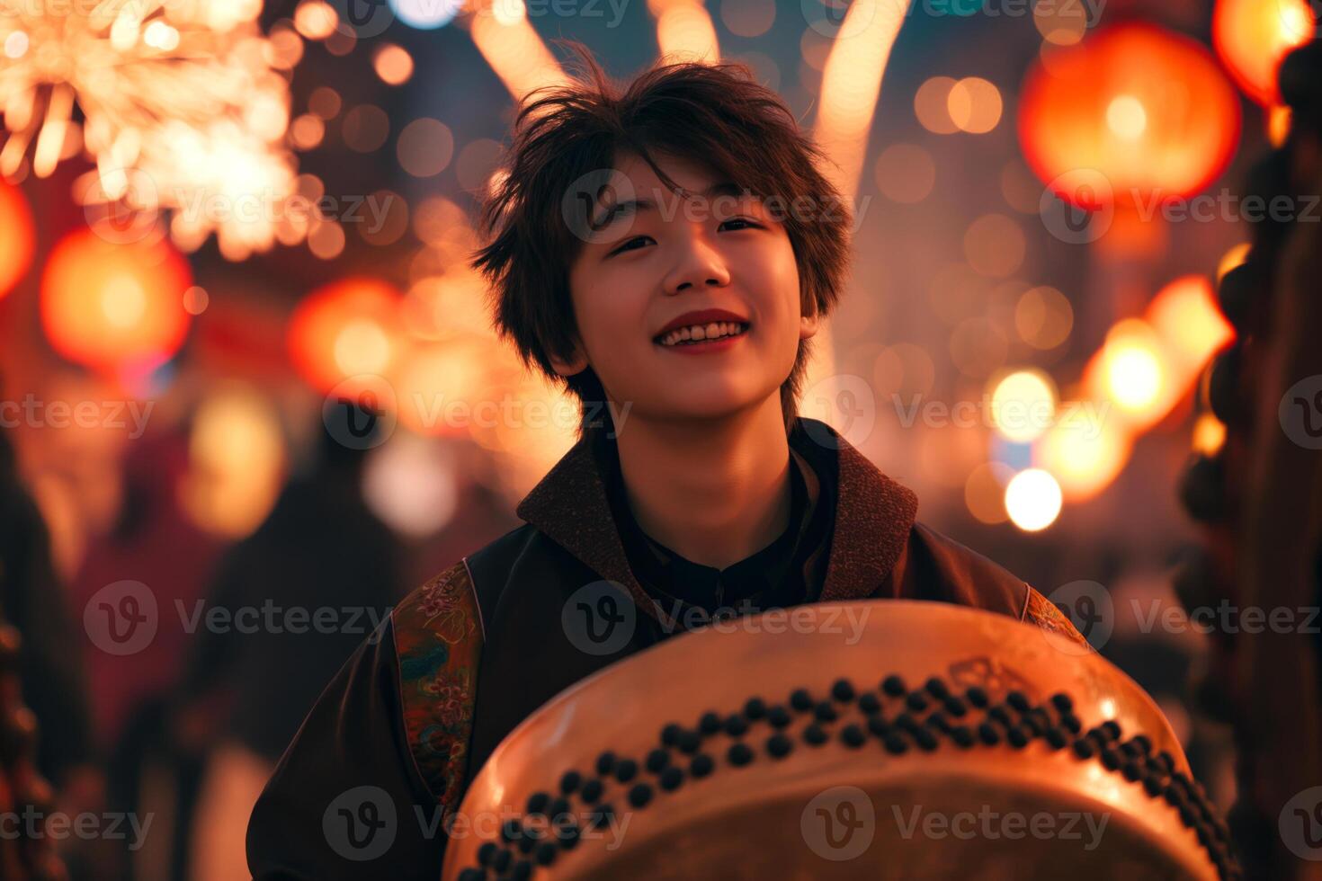 A joyful Asian male teenager playing a traditional drum at a festive event, surrounded by illuminated lanterns. photo
