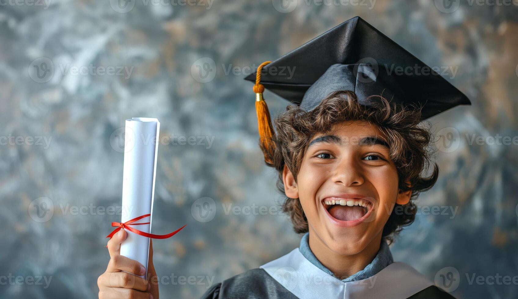 Excited young male graduate celebrating with his diploma, wearing a black graduation cap and gown, against a textured backdrop. photo