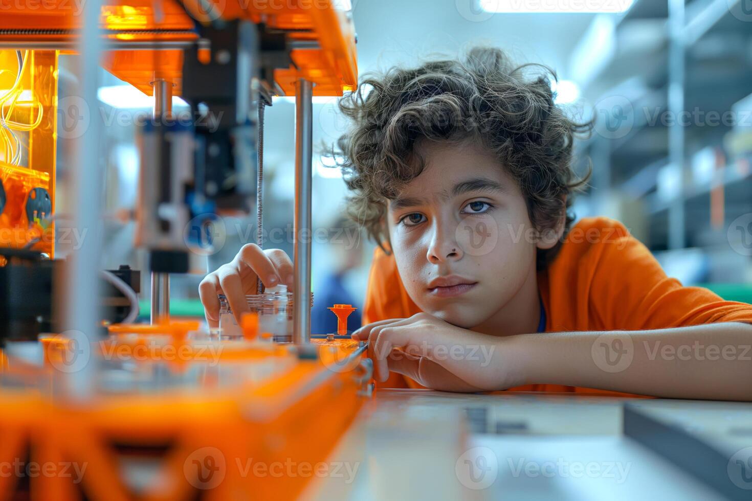 Young boy intently focused on a 3D printer, showcasing innovation and creativity in a bright workshop. photo