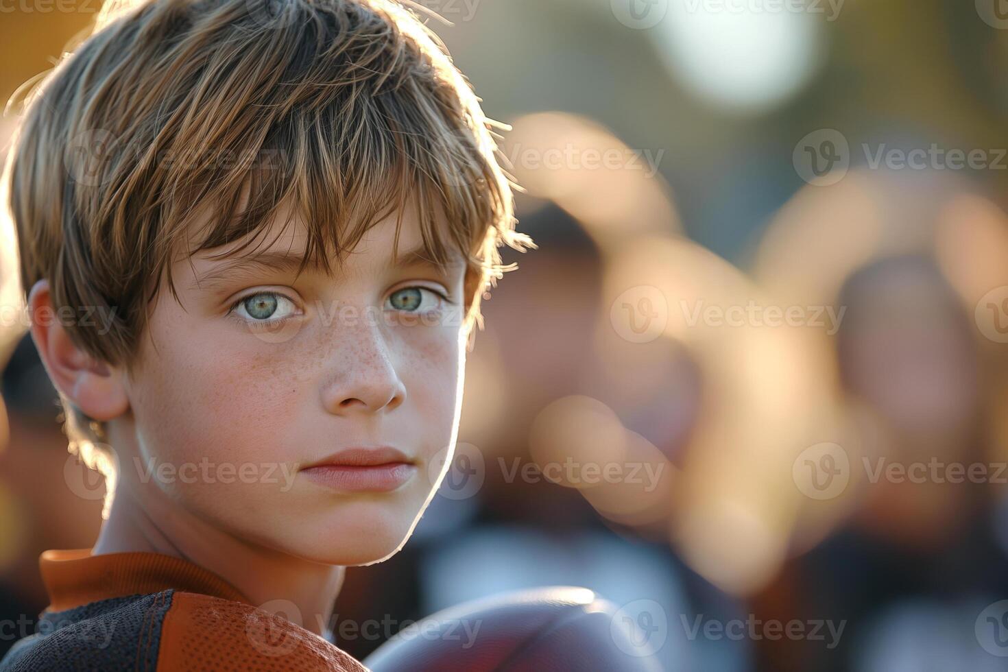 A young Caucasian boy with striking green eyes, focused on the camera amidst a blurred background of teammates. photo
