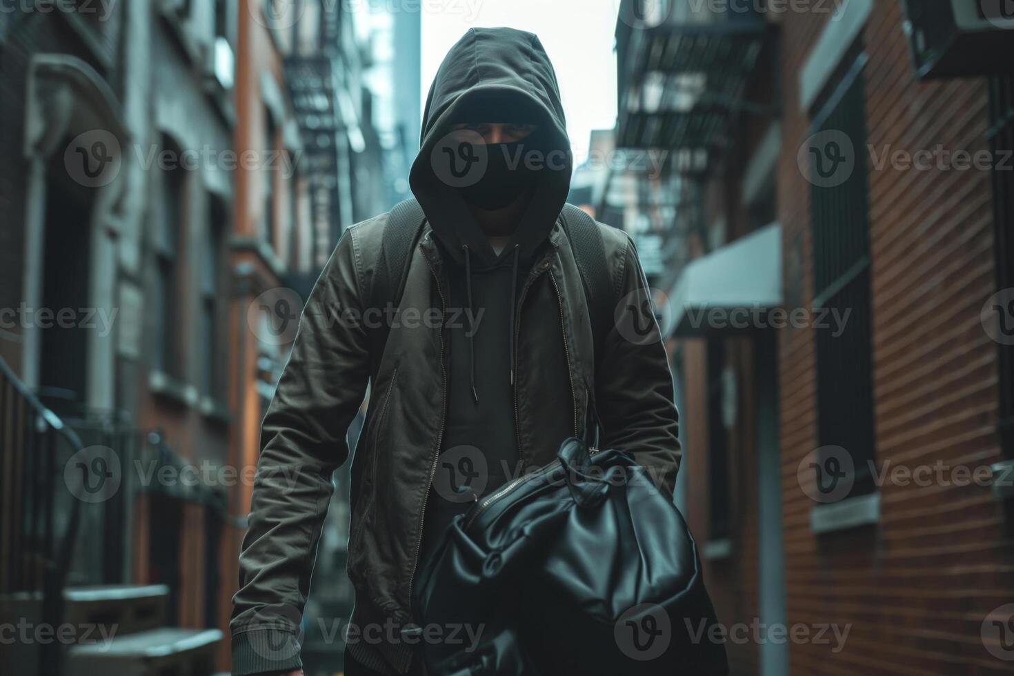 A masked man walks through a dimly lit alley, dressed in dark clothing and carrying a large bag. photo