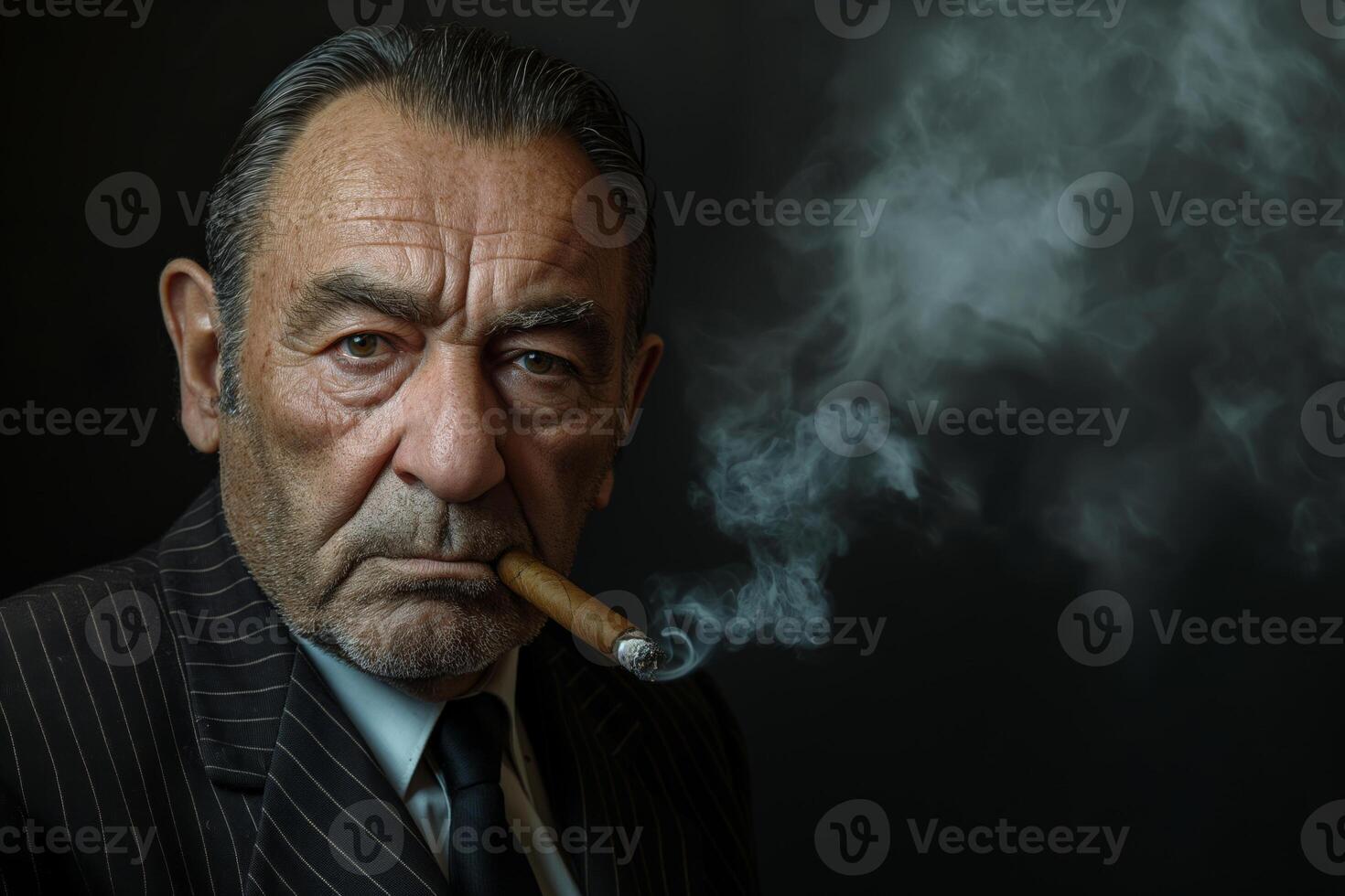 A distinguished elderly man with a cigar, wearing a pinstripe suit, exudes confidence and charisma against a dark backdrop. photo