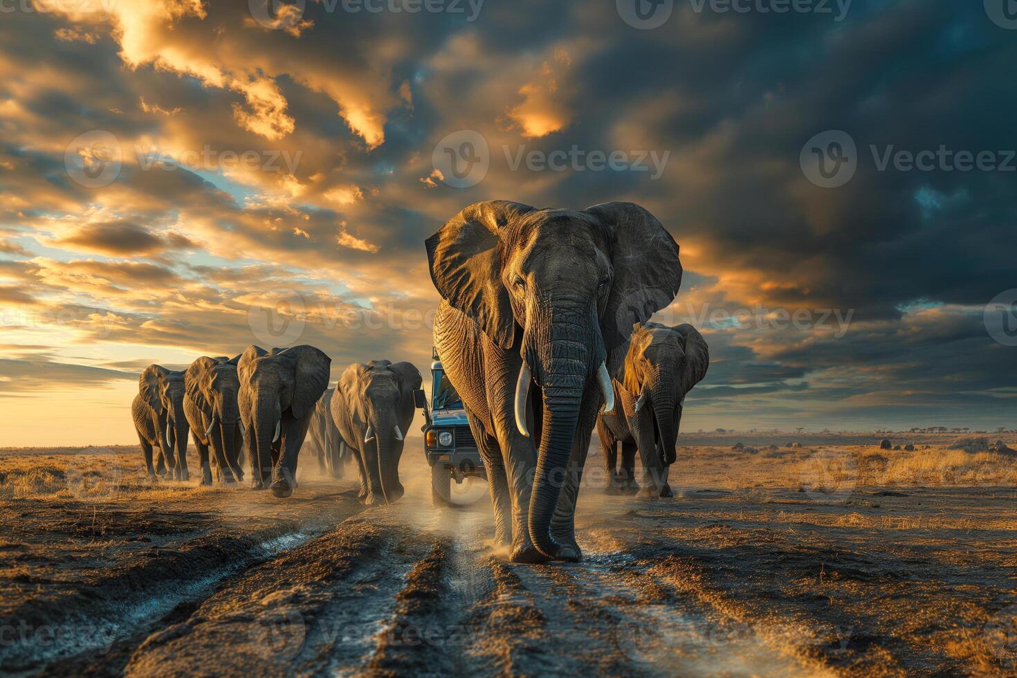 A majestic herd of elephants approaches a safari vehicle at sunset, casting a magical glow across the landscape. photo
