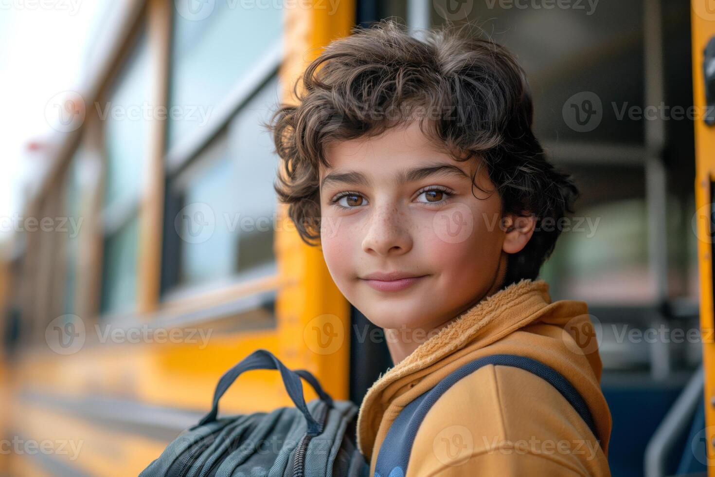 A young boy with curly hair and freckles stands by a school bus, looking confidently at the camera. photo