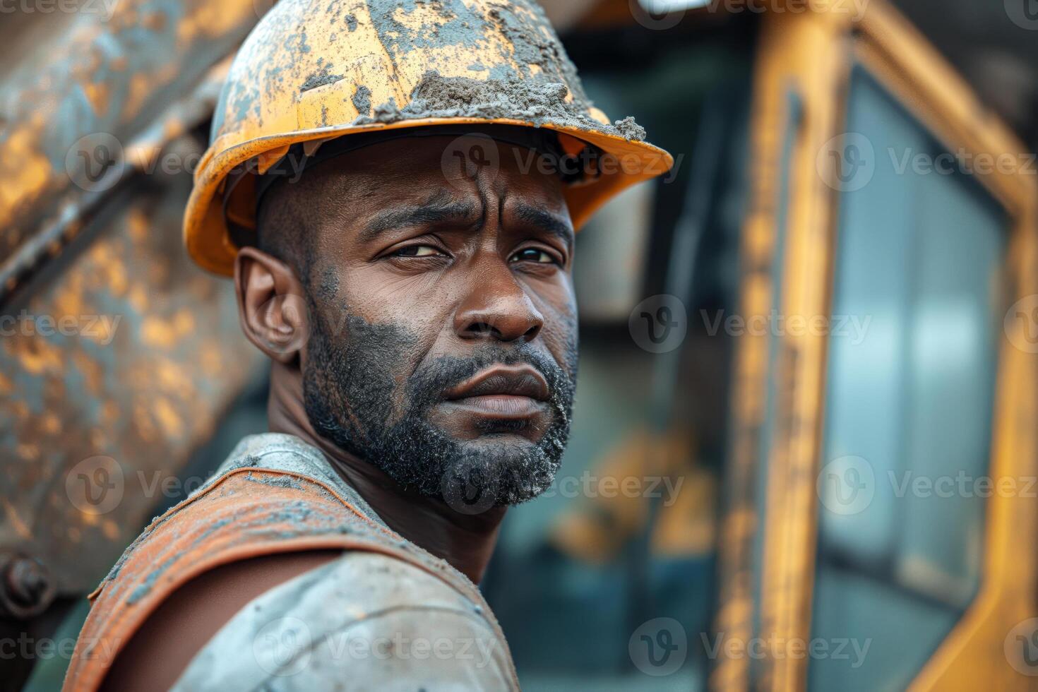 A focused Black male construction worker in a hard hat, showing determination amidst a rugged construction site. photo