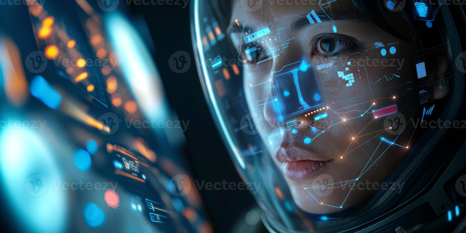 Close-up of a female astronaut with a high-tech helmet displaying digital interfaces and data visuals. photo