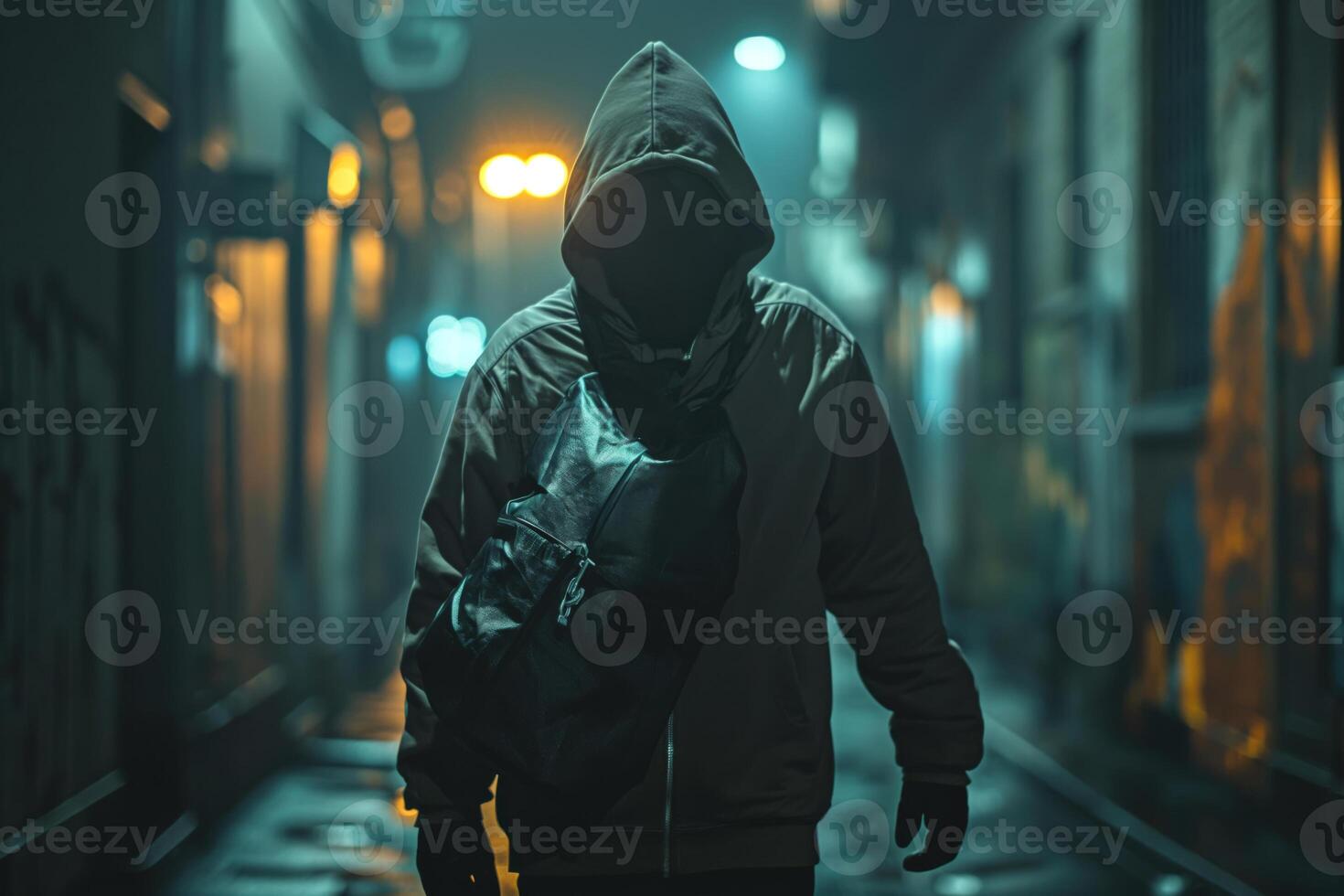 A mysterious figure in a hooded jacket stands alone in a dimly lit urban alley, creating an eerie and suspenseful mood. photo