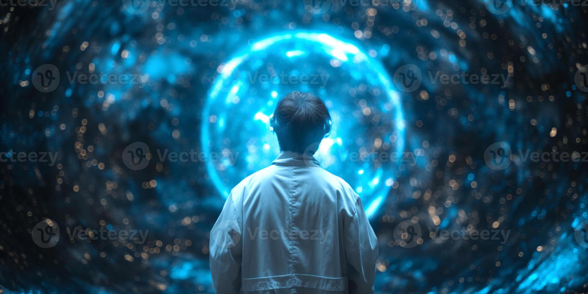 A young Asian male in a white jacket gazes at a mesmerizing blue cosmic portal, creating a sense of wonder and exploration. photo