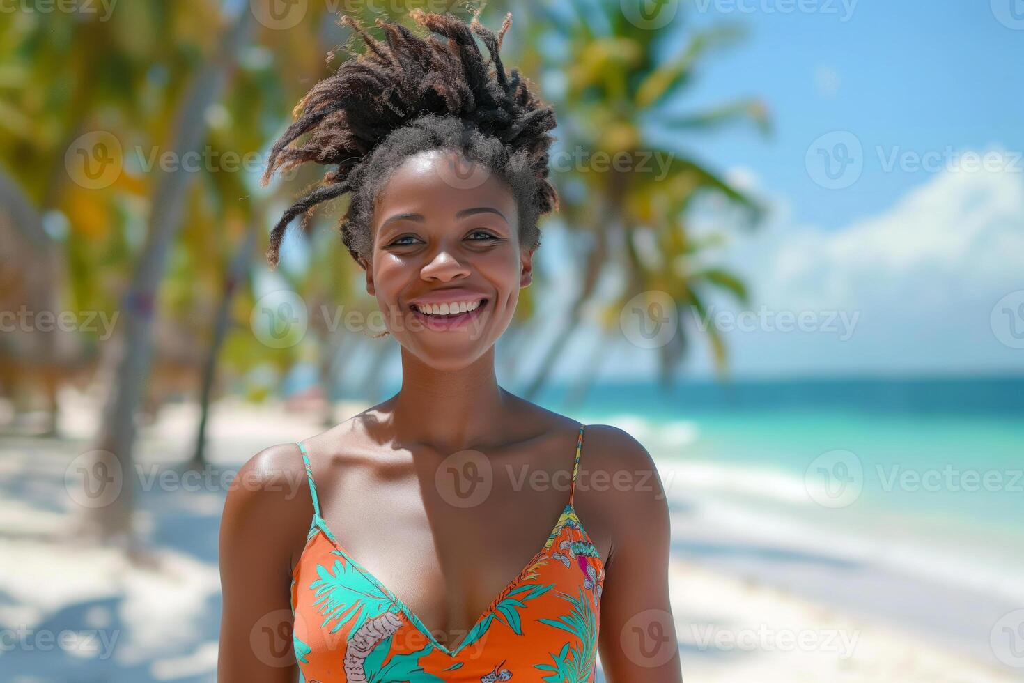 A joyful Black woman with natural hair smiles brightly at the beach, surrounded by palm trees and turquoise waters. photo
