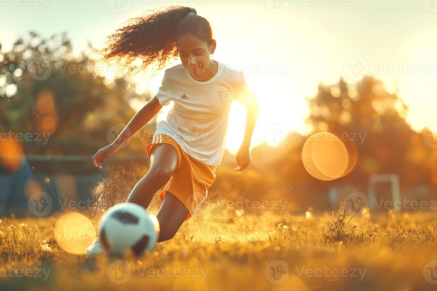 A young Hispanic girl skillfully kicks a soccer ball at sunset, surrounded by soft golden light and a vibrant grassy field. photo