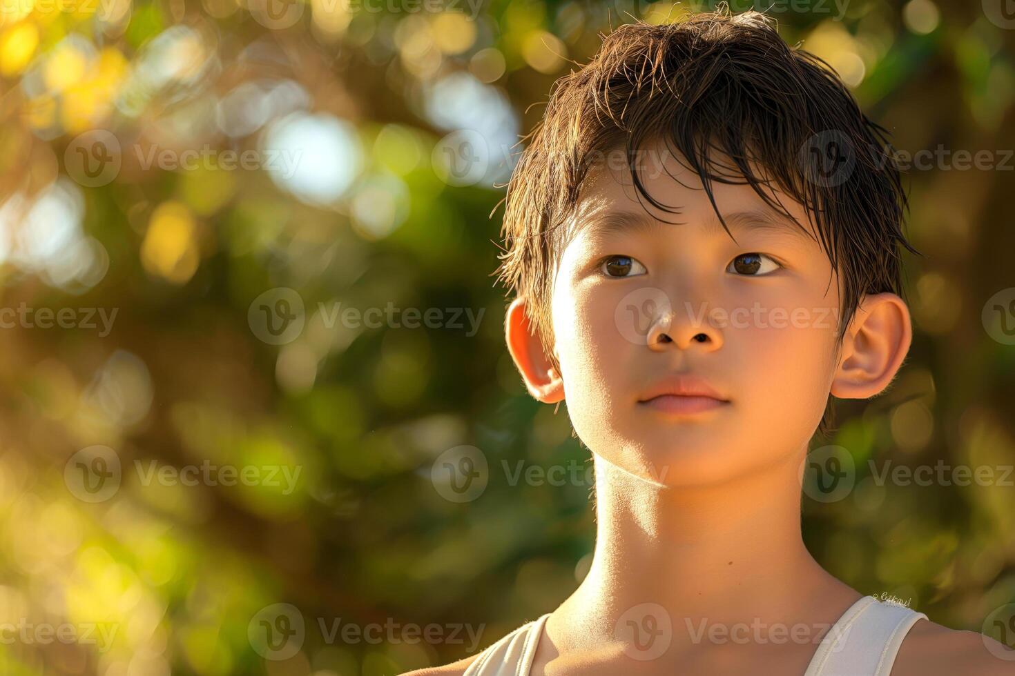 A contemplative young Asian boy gazes into the distance, surrounded by a lush green background, capturing a moment of serenity. photo