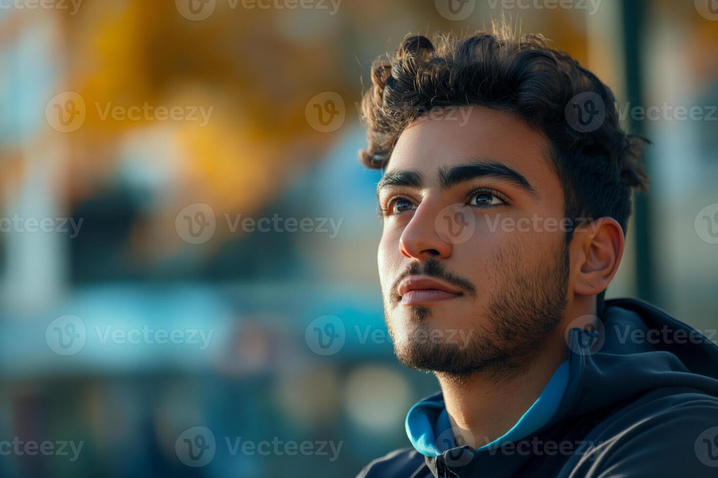 A young Middle-Eastern man with curly hair gazes thoughtfully into the distance, captured in soft natural light. photo
