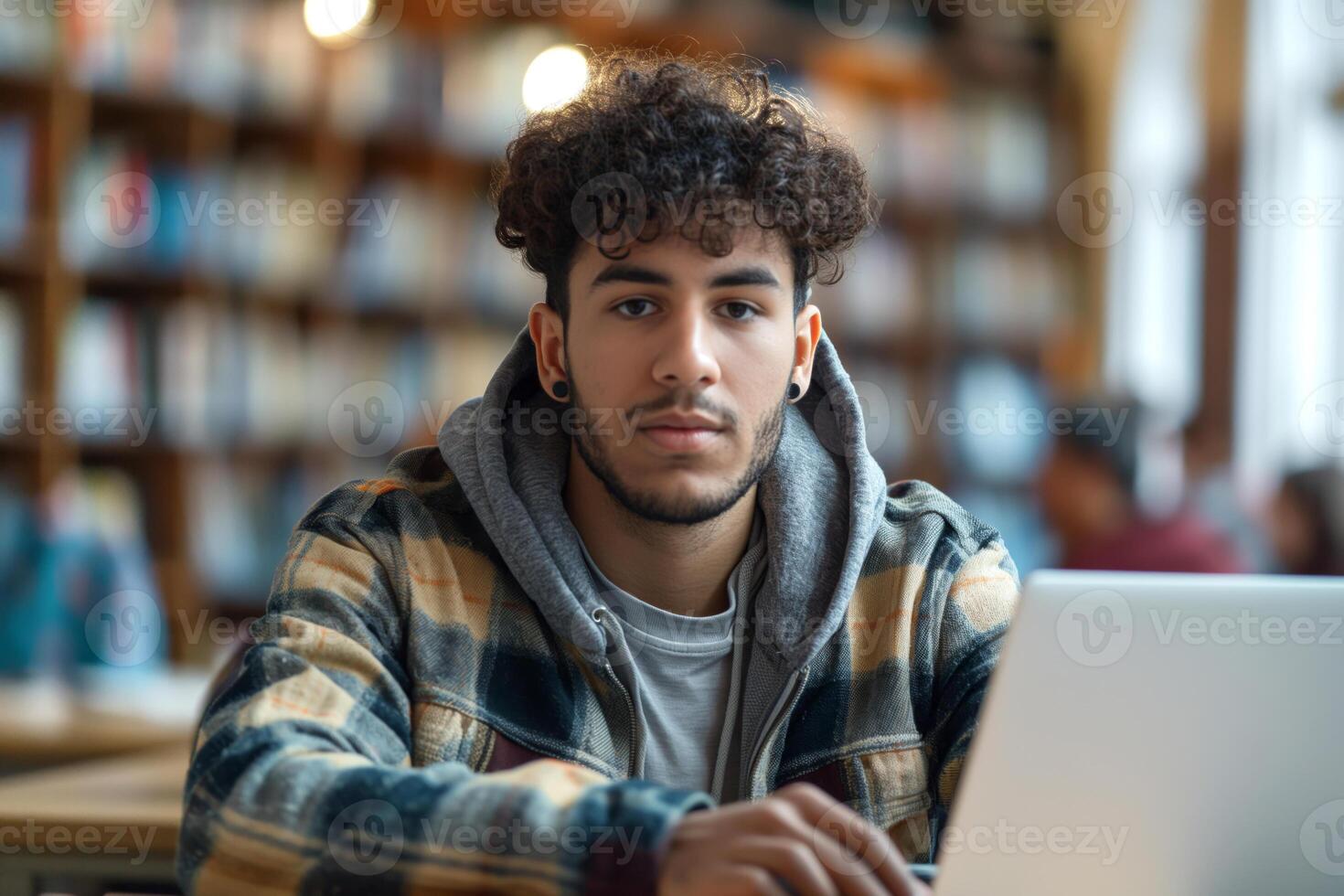 A focused young man of Middle Eastern descent works on his laptop in a vibrant library setting. photo