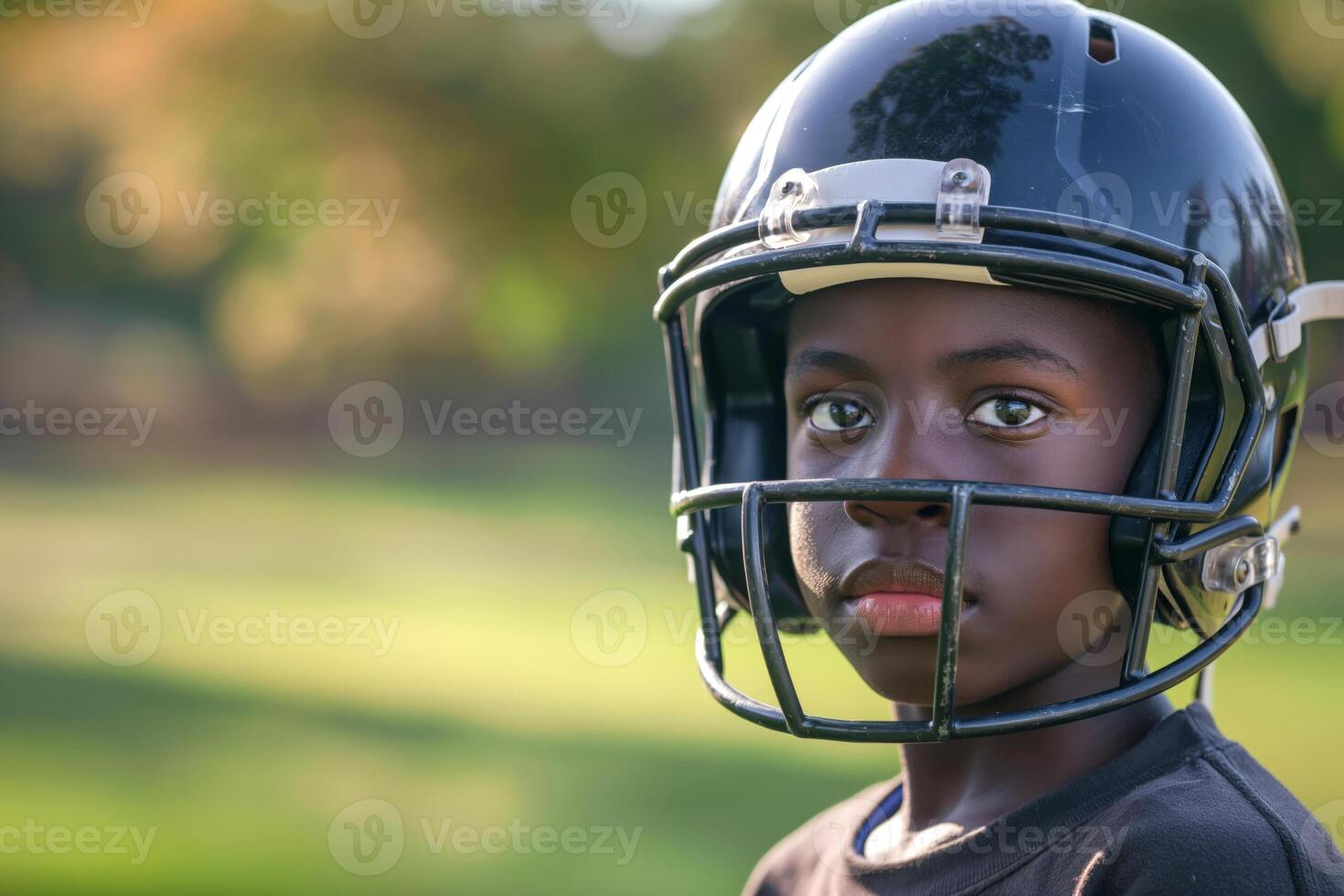 A young Black boy in a football helmet, gazing thoughtfully in a sunlit field, embodying determination and focus. photo