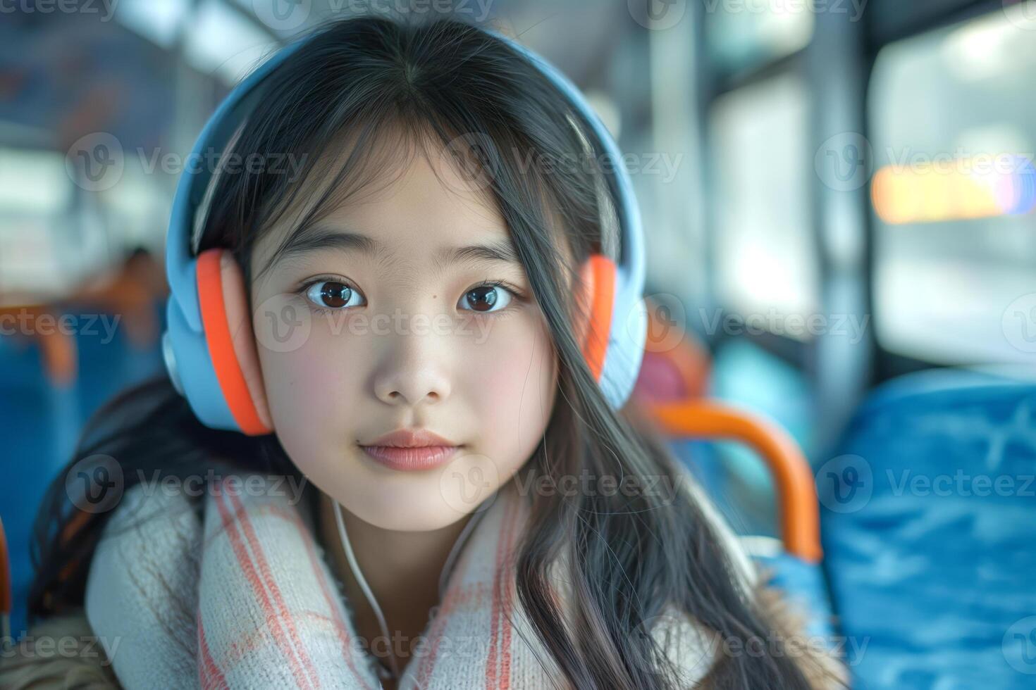 A young Asian girl with long hair wearing bright headphones, enjoying a moment on a city bus. photo