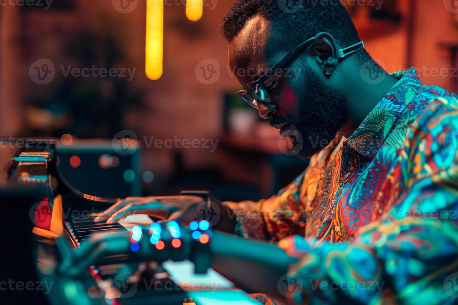 A Black man in a vibrant patterned shirt plays the piano with passion in a cozy, warmly lit setting. photo