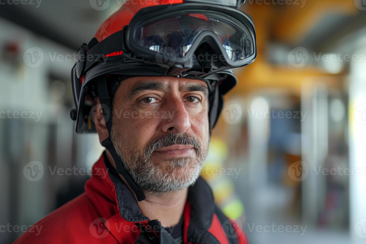 A middle-aged Hispanic man in a rescue helmet, serious expression, showcasing resilience and determination in a safety setting. photo