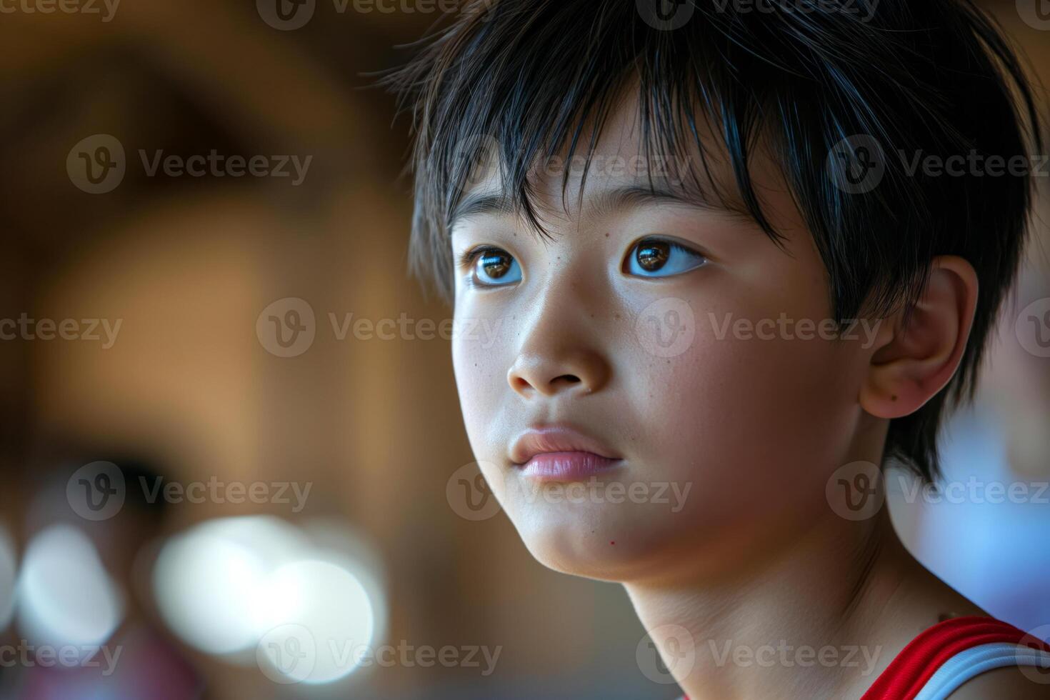 A focused young Asian boy with dark hair and expressive eyes, captured in a moment of contemplation. photo