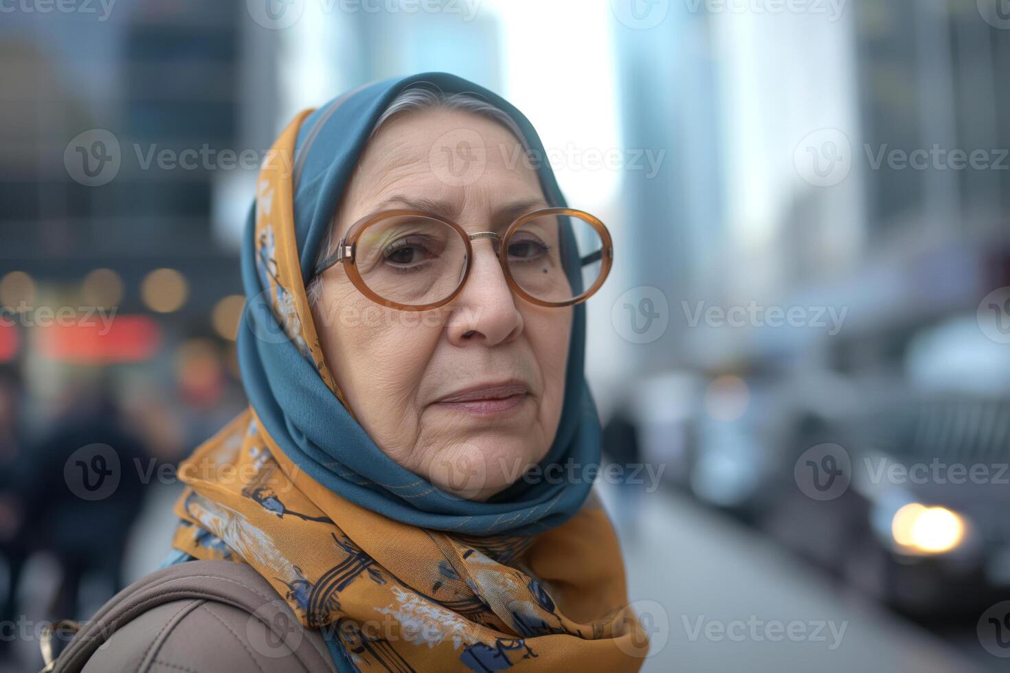 An elderly Middle Eastern woman in a stylish scarf, gazing thoughtfully while standing in a bustling urban environment. photo