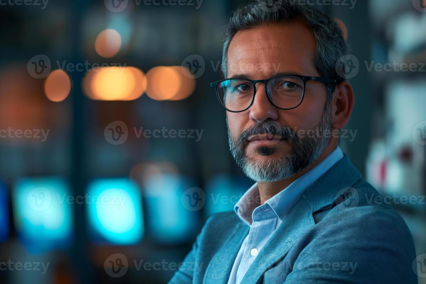 Confident Middle-Eastern man with glasses in a modern office setting, conveying professionalism and focus. photo