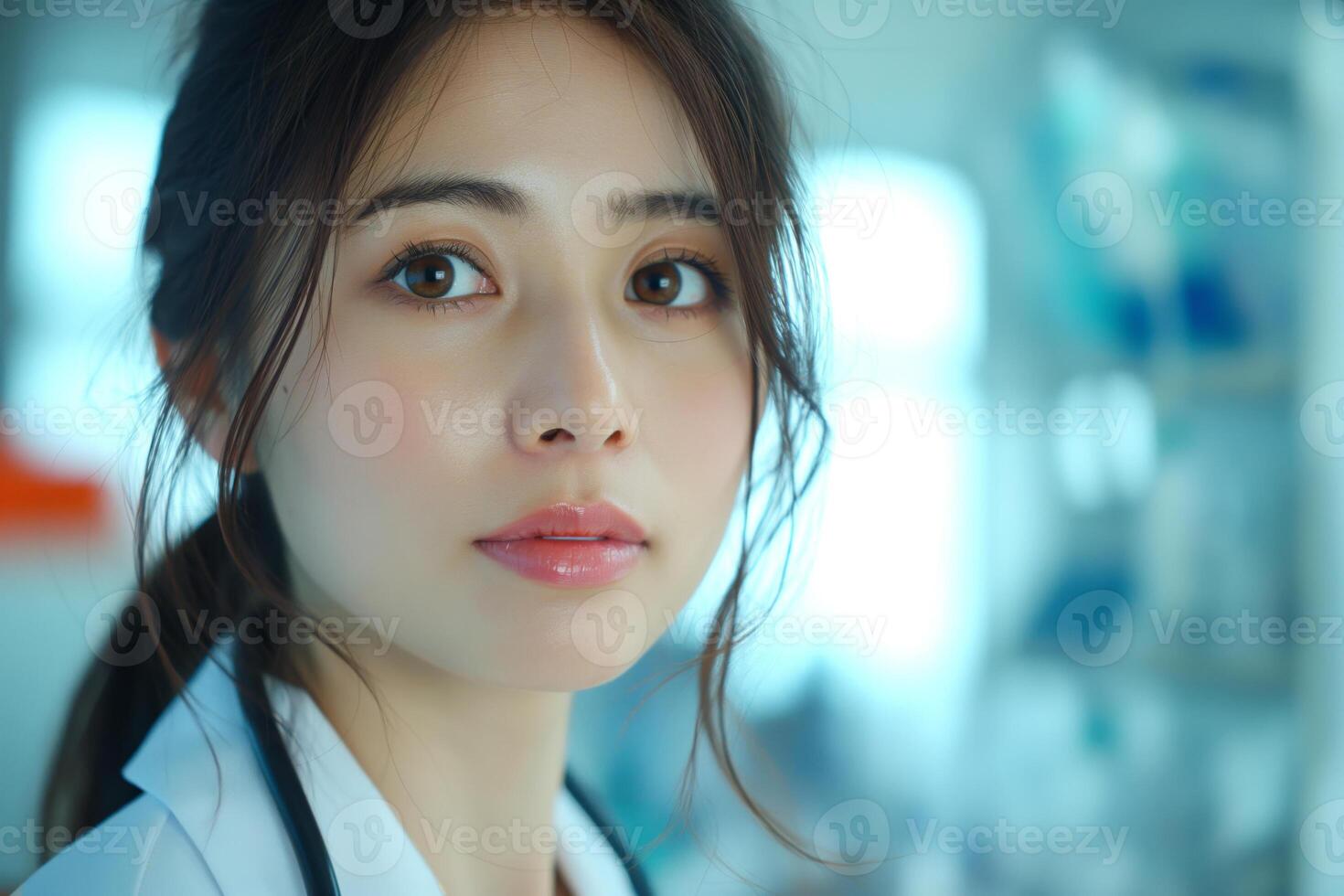 A young Asian female doctor with long hair, wearing a white coat and stethoscope, gazes thoughtfully at the viewer. photo