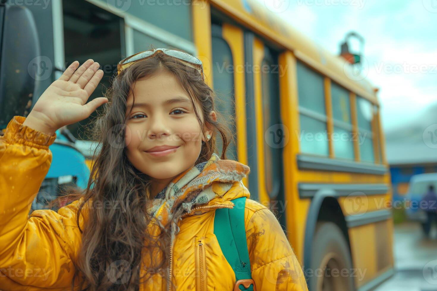 A cheerful Hispanic girl waves goodbye beside a yellow school bus, dressed in a bright yellow jacket and scarf. photo