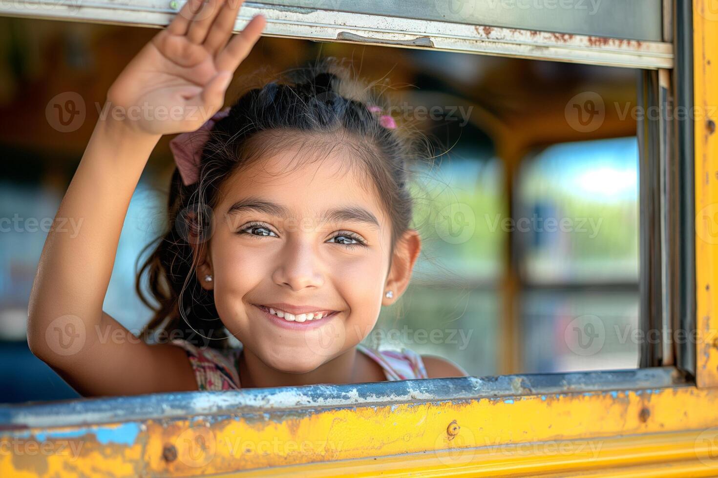 A smiling Hispanic girl waves from a school bus window, radiating joy and innocence. photo
