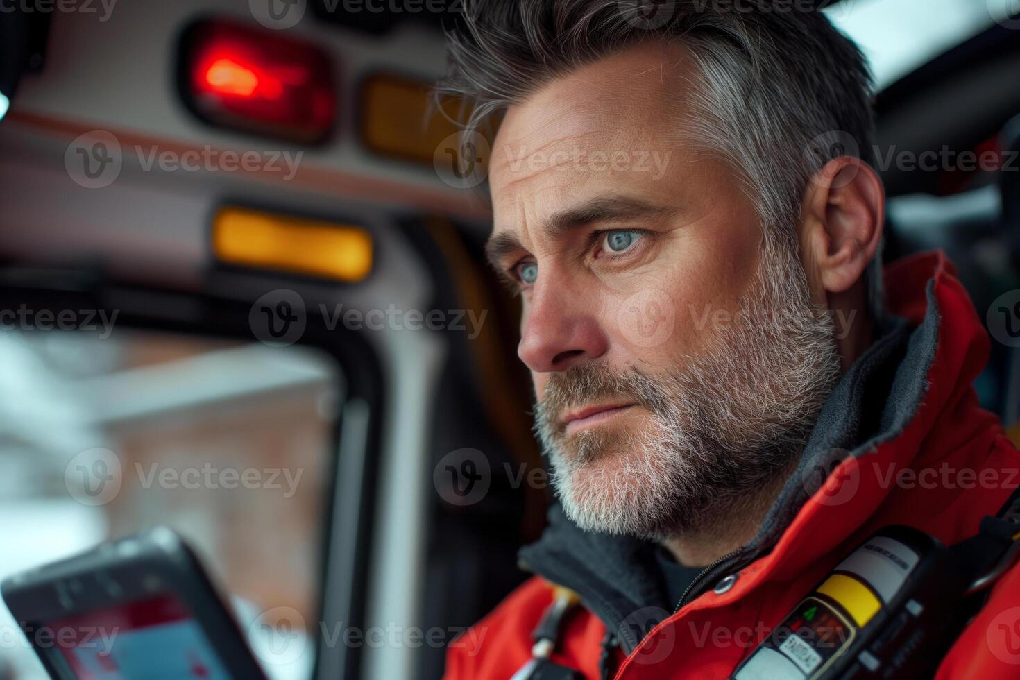 A focused male paramedic in a red uniform reviews information on a device inside an ambulance. photo
