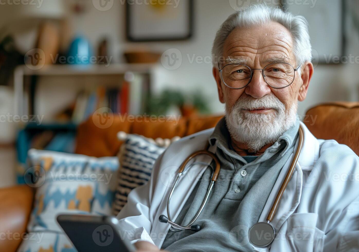 Elderly male doctor with gray beard and glasses, smiling confidently while holding a mobile device. photo