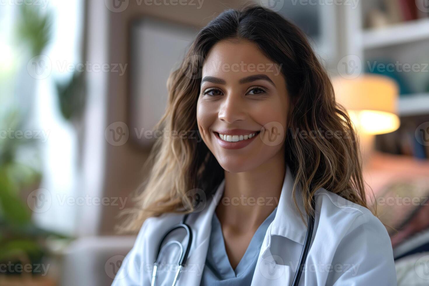 Smiling female doctor with long wavy hair, wearing a white coat and stethoscope, exuding confidence and warmth. photo
