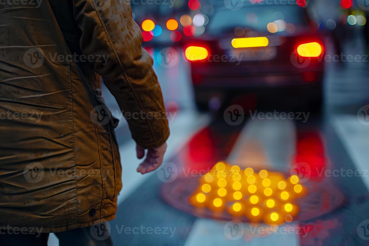 A person in a brown coat pauses at a crosswalk, illuminated by warm glowing lights reflecting on wet pavement. photo