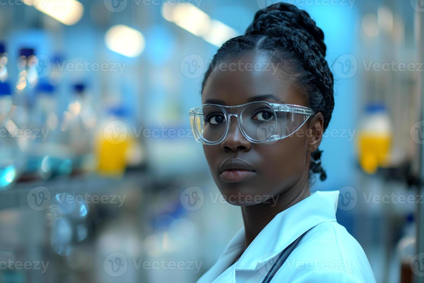A focused young Black woman in a lab coat and safety glasses stands in a modern laboratory. photo