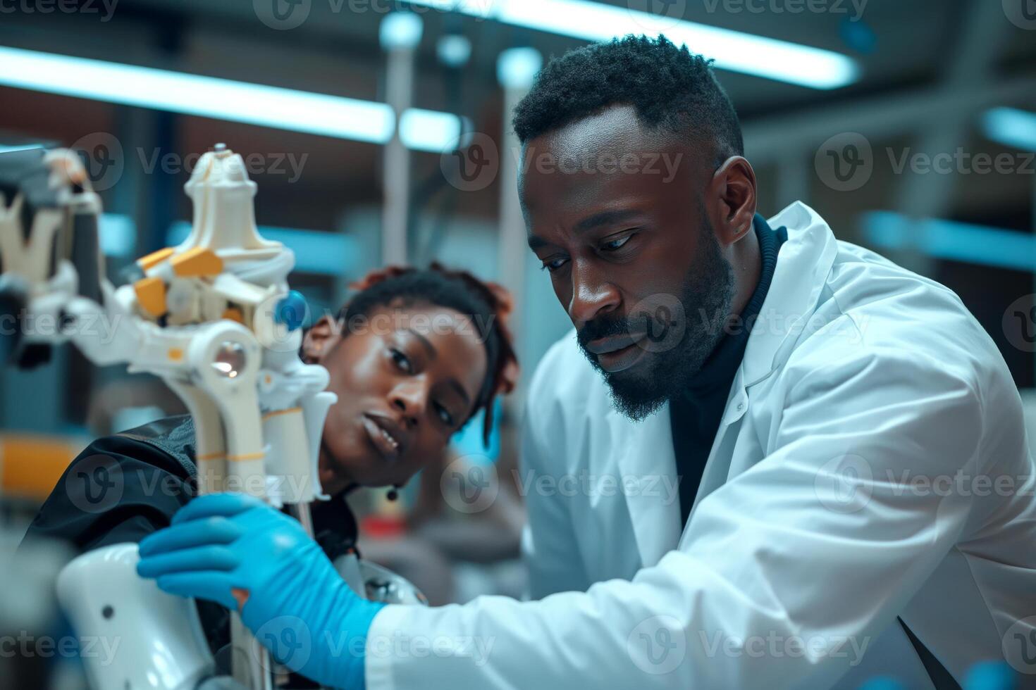 A focused Black male engineer and a Black female technician collaborating on a robotic arm in a modern lab. photo