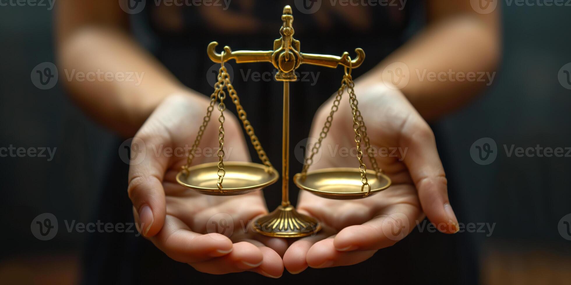 A person's hands gently hold a golden scale, symbolizing justice and balance. photo