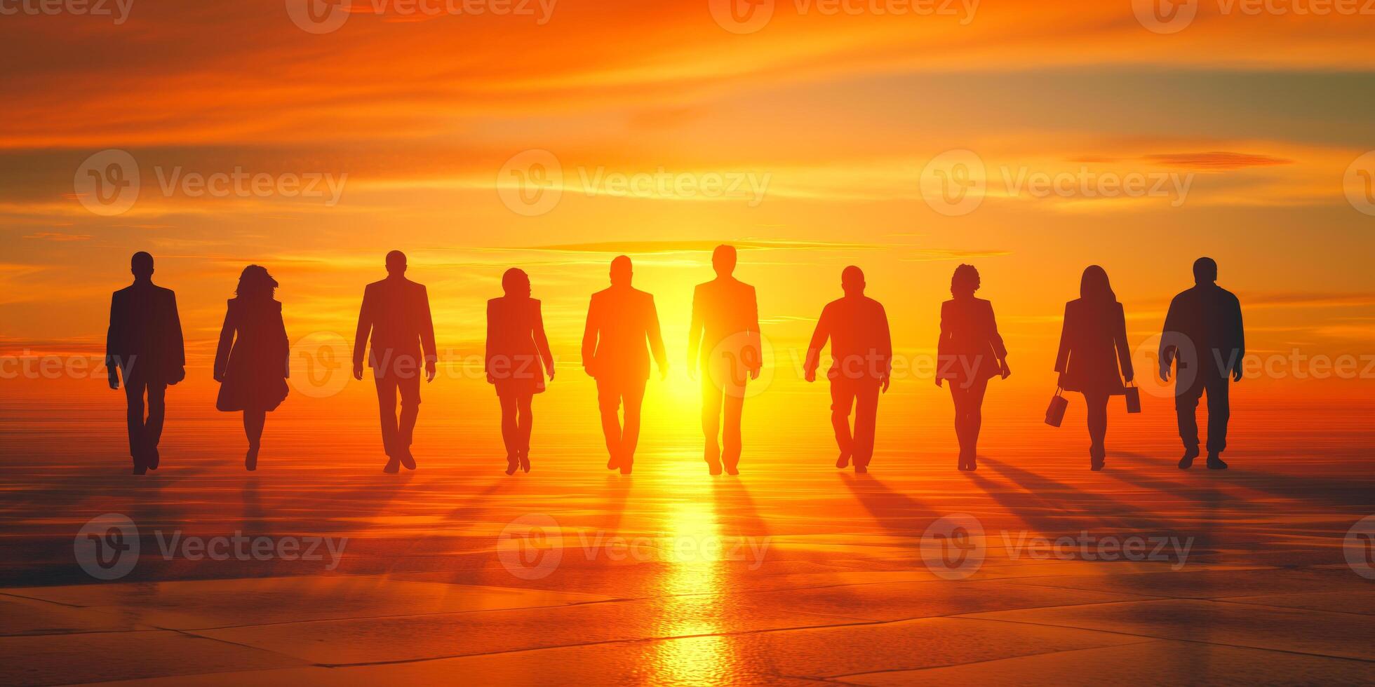 Silhouetted group of diverse business professionals walking towards a vibrant sunset, symbolizing teamwork and ambition. photo