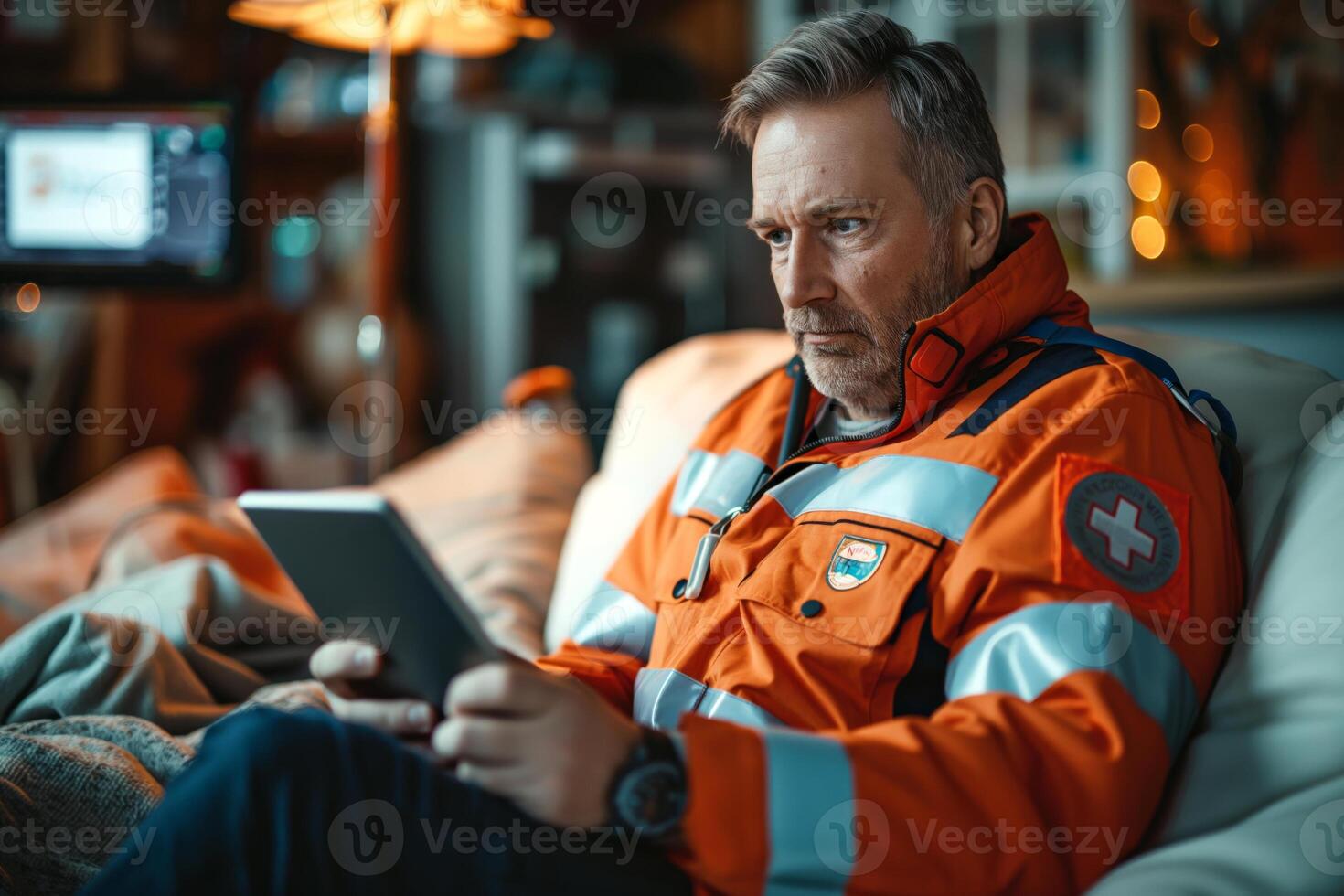 A focused middle-aged Caucasian man in an orange rescue jacket sits on a couch, using a tablet in a cozy indoor setting. photo
