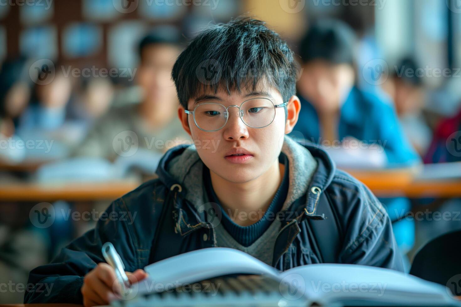 A focused teenage Asian male student in glasses studying in a classroom filled with peers. photo