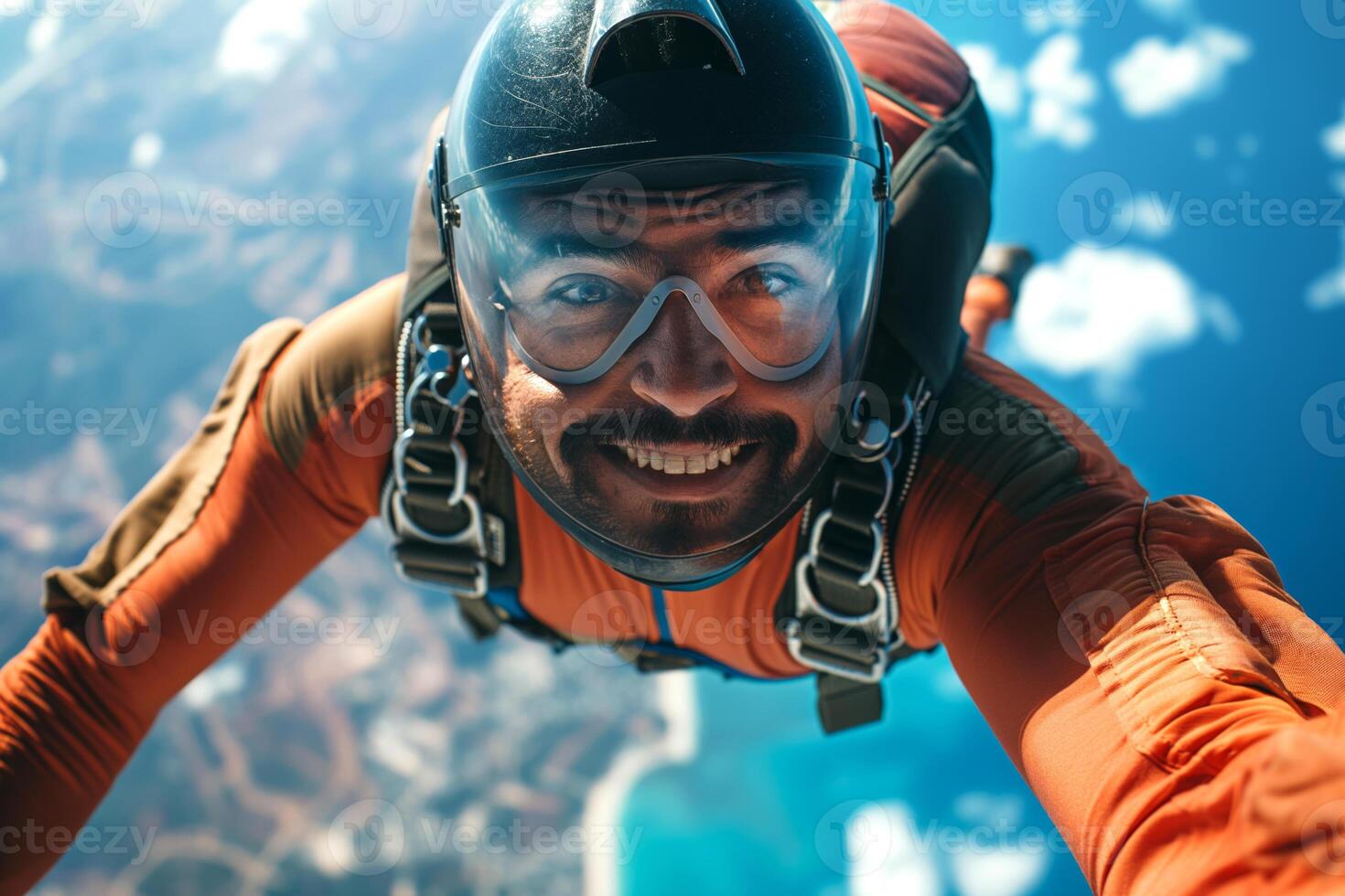 A young male skydiver smiles confidently as he free falls above a stunning coastal landscape. photo