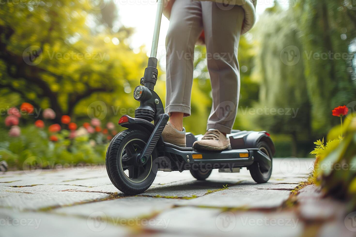 A young adult rides an electric scooter through a vibrant garden in spring, surrounded by colorful flowers. photo