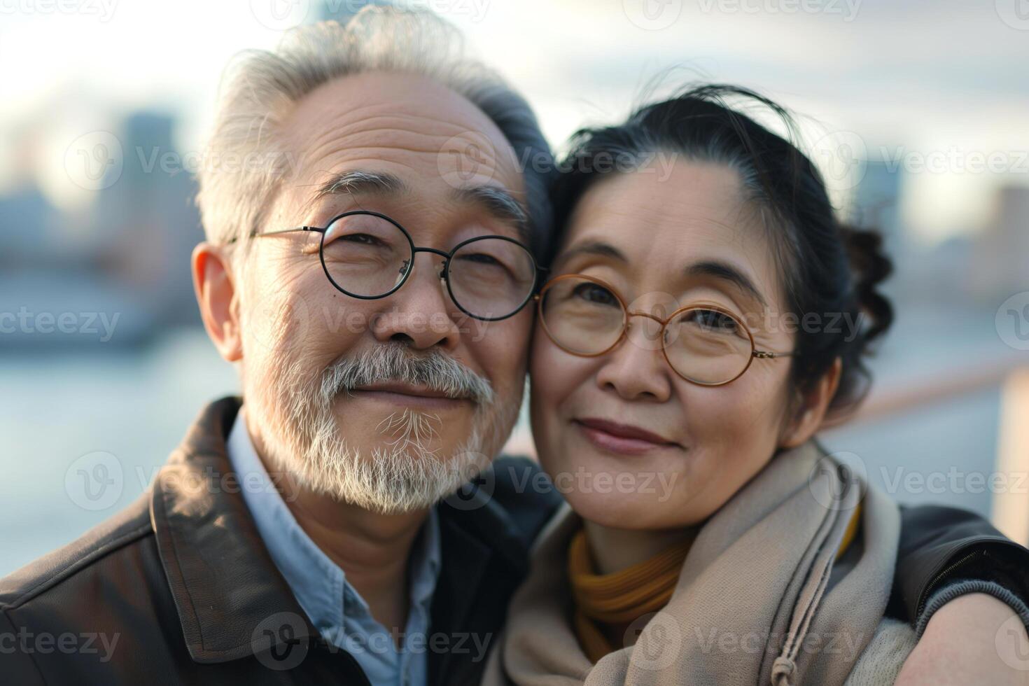 Affectionate Asian couple in their golden years sharing a warm smile by the waterfront, enveloped in soft evening light. photo