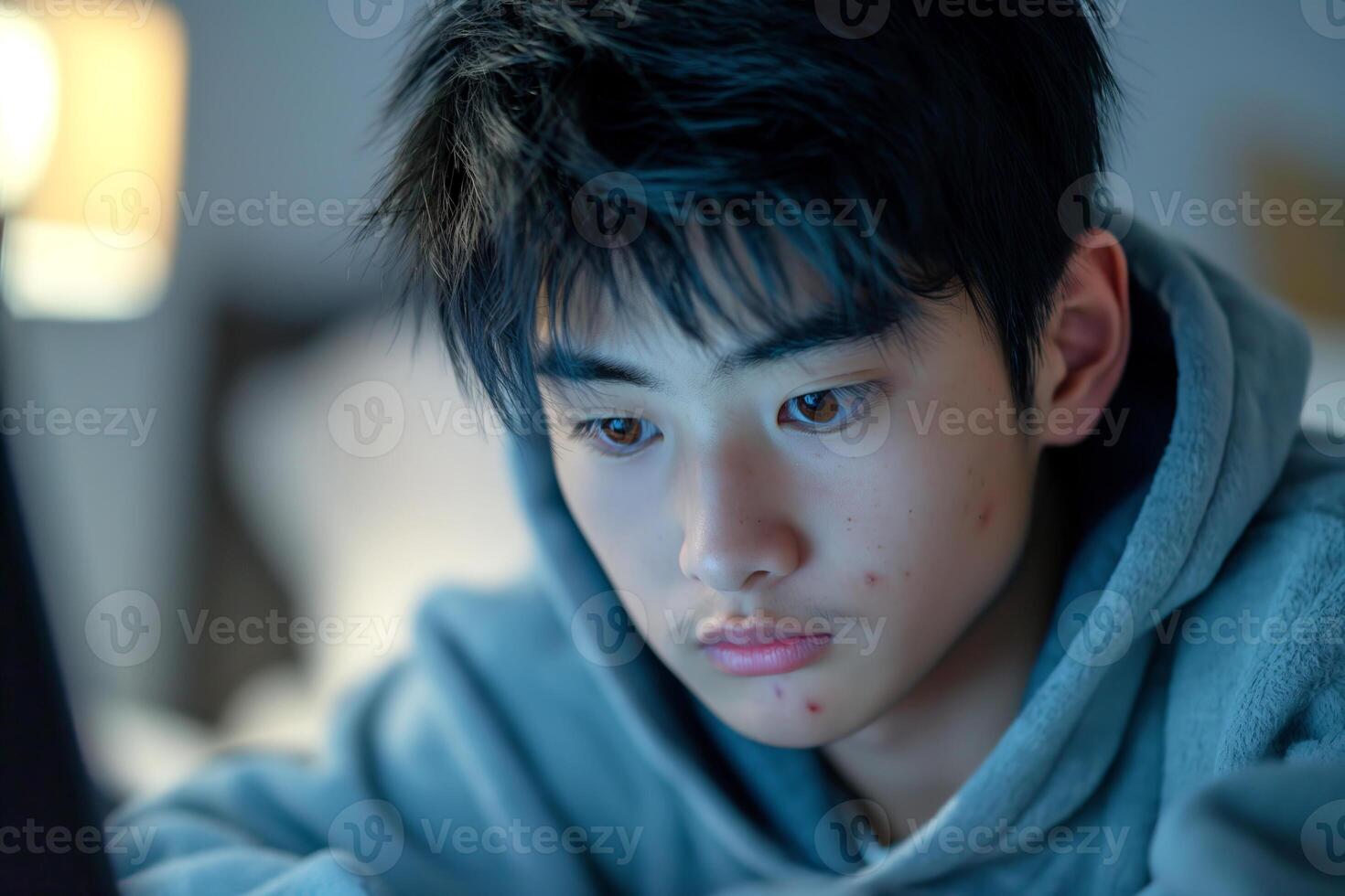 A focused East Asian teenage boy with short black hair, wearing a gray hoodie, engaged in deep concentration in a dimly lit room. photo