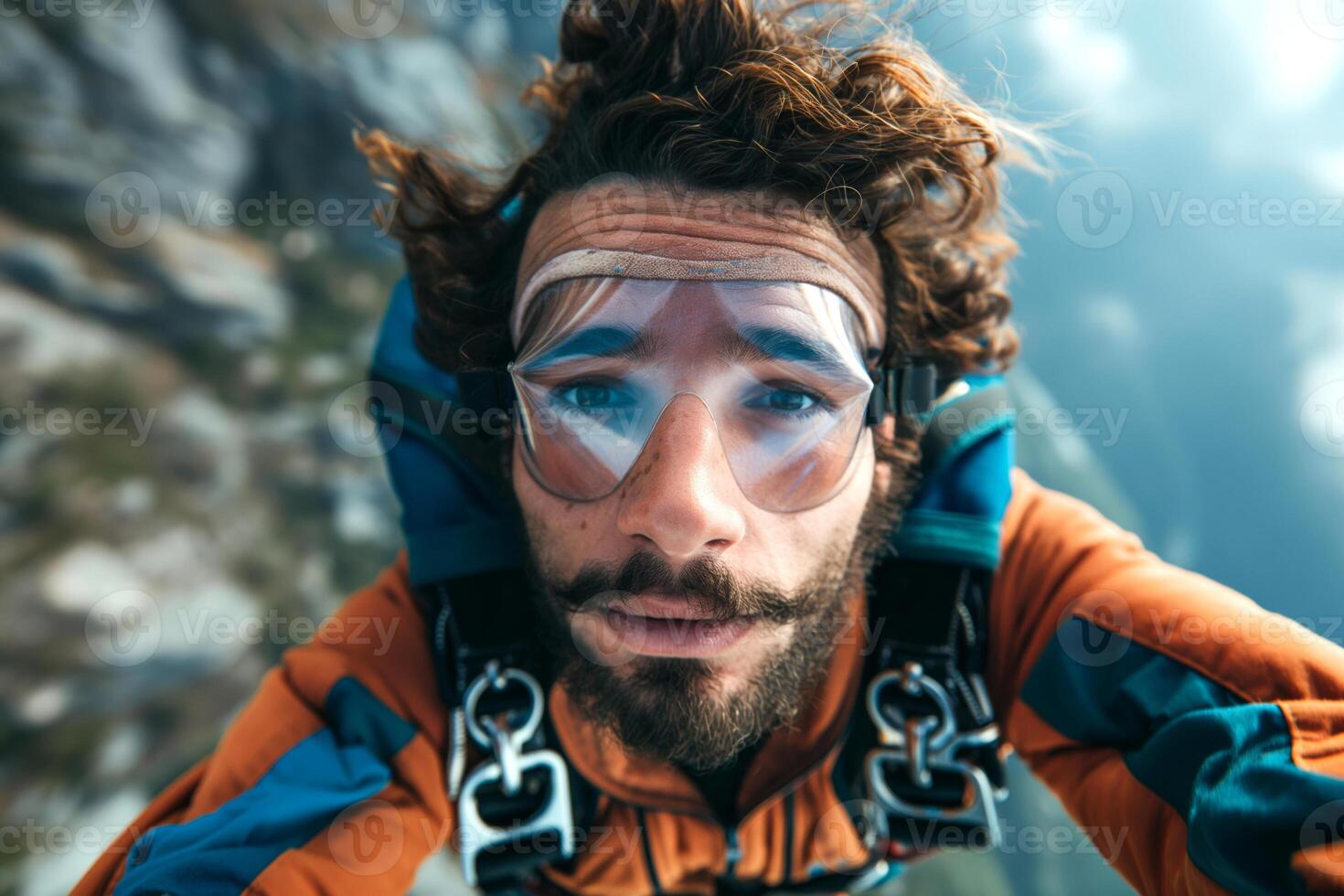 A close-up of a male skydiver with curly hair and sunglasses experiencing an exhilarating free fall in a stunning landscape. photo