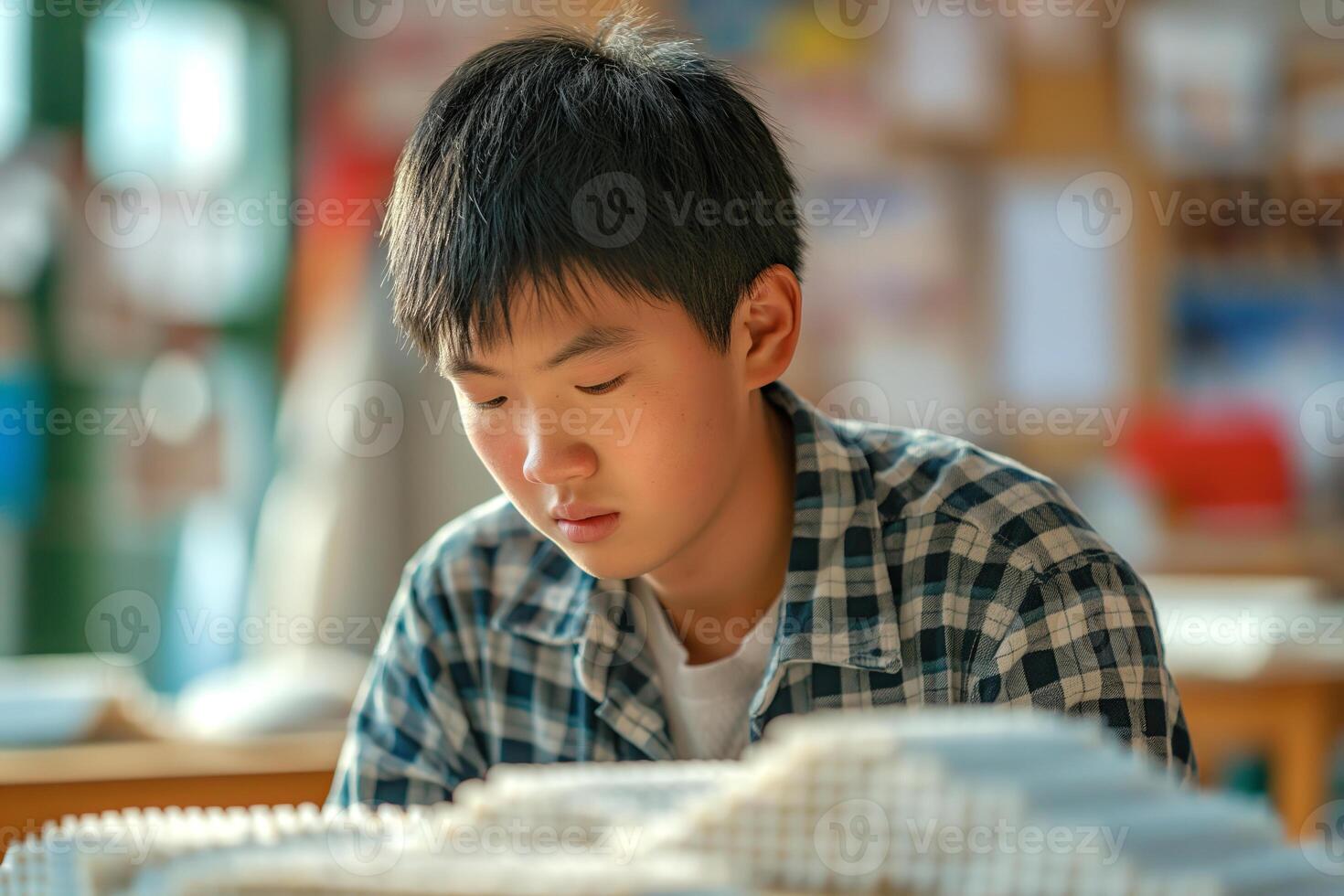 A young Asian boy focused intently on his project in a classroom, showcasing concentration and creativity. photo