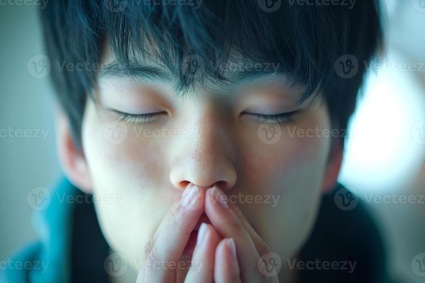 A young Asian male with closed eyes, deep in thought, conveying tranquility and introspection. photo