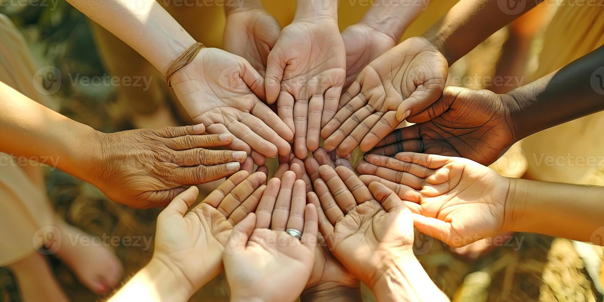 Diverse hands gathered together, symbolizing unity and collaboration among people of different backgrounds. photo