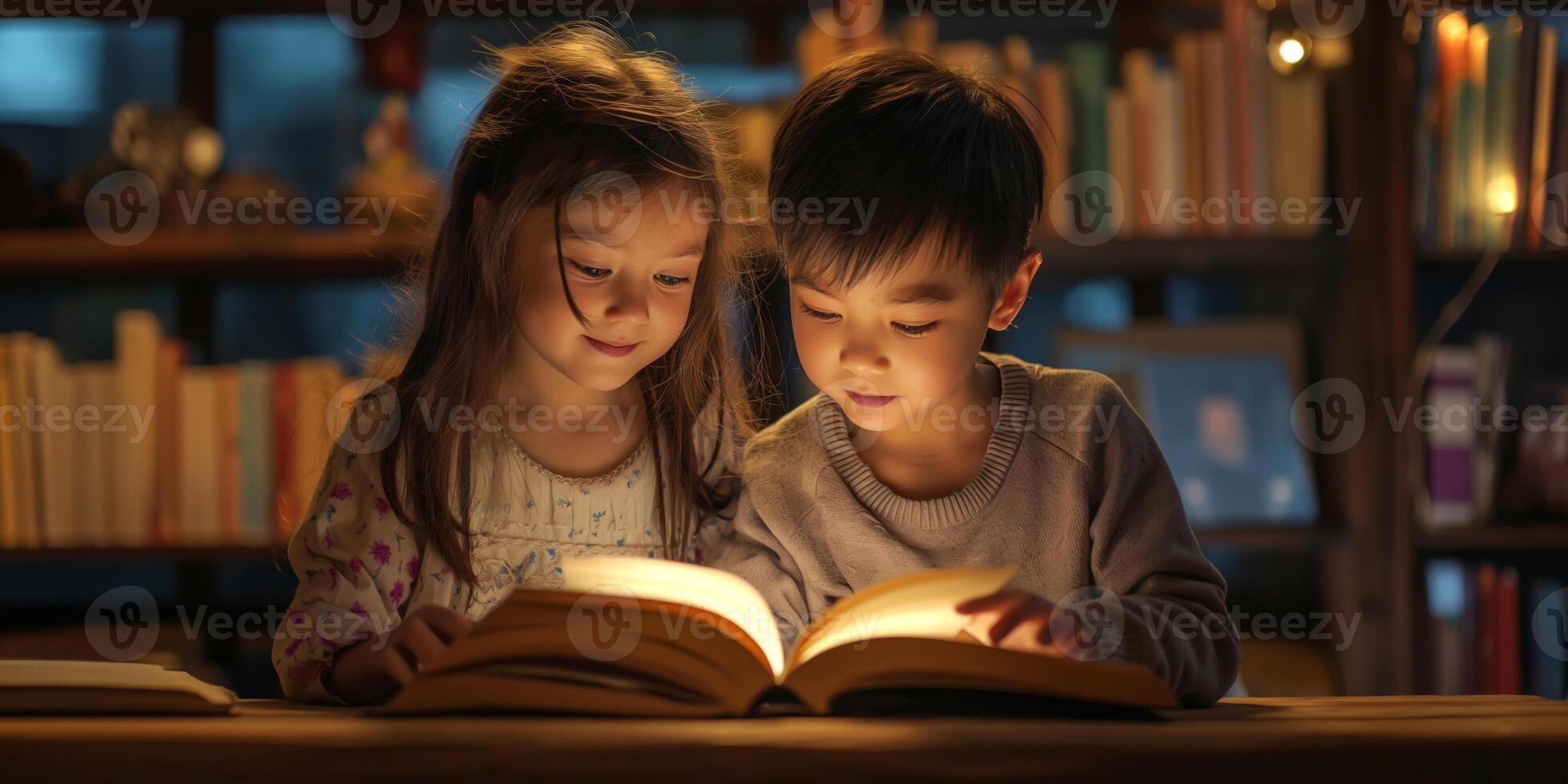 Two children, a girl and a boy, engrossed in a book's glow, sharing a moment of curiosity and wonder in a cozy, softly lit room. photo