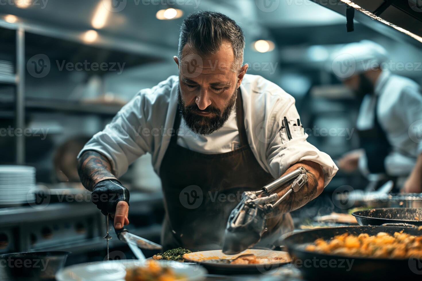 A skilled male chef with a prosthetic arm expertly plating a gourmet dish in a bustling restaurant kitchen. photo